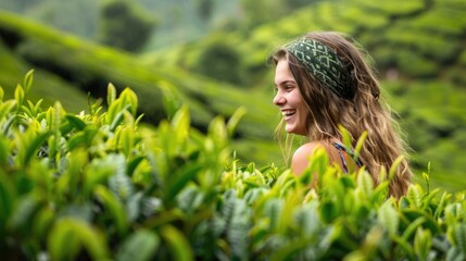 a beautiful girl laughing and enjoying her time in the tea plantation, with the lush green tea bushe