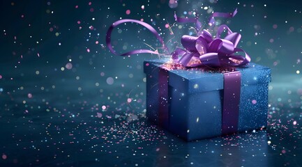 Poster - Sparkling Blue Gift Box With Purple Ribbon