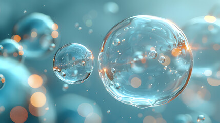 Wall Mural - Abstract 3D render of floating liquid transparent bubbles that collide with each other over grey background