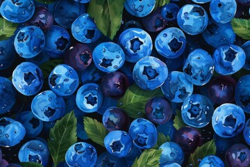 Sticker - Fresh blueberries with leaves forming a textured background, ideal for projects related to healthy food, diets, and wellbeing