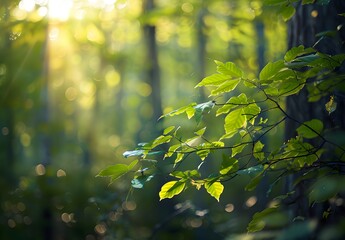 Poster - Sunlight Through Green Leaves in Forest