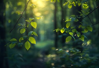 Sticker - Sunlit Green Leaves in Blurred Forest