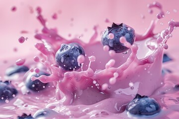 Wall Mural - Fresh blueberries creating a splash as they fall into creamy pink yogurt