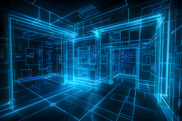 Wall Mural - Neon wireframe of a mysterious room with hidden clues and secret compartments isolated on black background