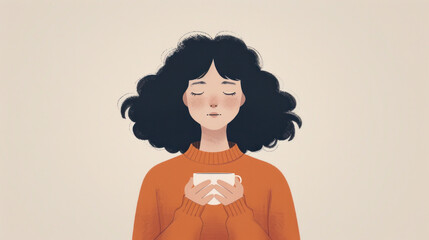 Poster - A woman is holding a cup of coffee and looking away. Concept of relaxation and calmness, as the woman is enjoying her coffee in a peaceful setting