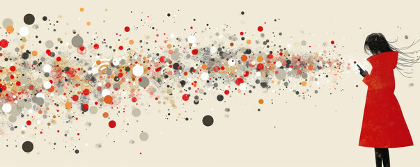 Poster - A woman in a red coat is looking at her cell phone. The image is a colorful abstract with many dots and circles