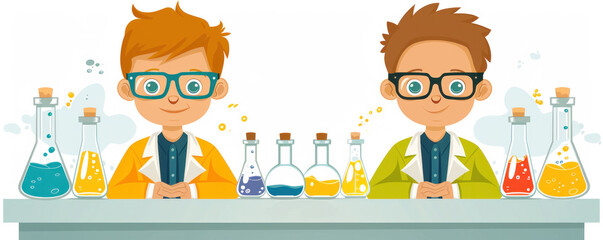 Poster - two young boys wearing lab coats and glasses are sitting at a table with various bottles and beakers