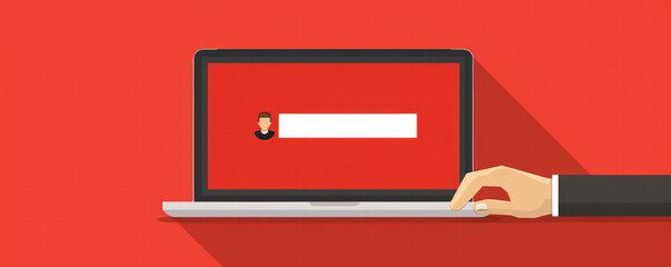 Poster - A laptop screen with a red background and a person's hand hovering over a search bar. Concept of urgency and importance, as the person is likely trying to find something quickly
