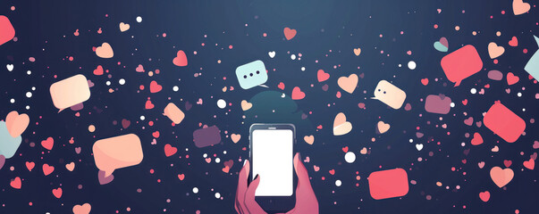 Poster - A person is holding a cell phone with a white screen and a heart on it. The image is a collage of hearts and the phone, with the heart on the phone and the hearts surrounding it