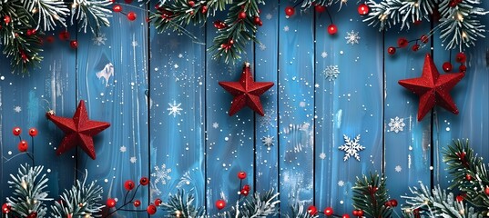 Sticker - Blue Wood Christmas Background with Red Stars