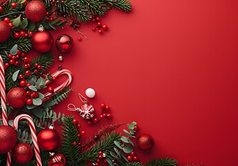 Poster - Red Christmas Background with Candy Canes and Ornaments