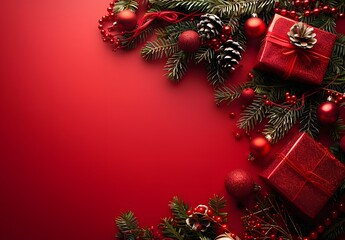 Poster - Red Christmas Background with Decorations and Gifts