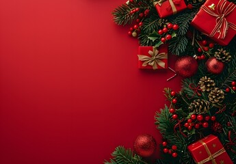 Poster - Christmas Red Background Gifts Fir Branches