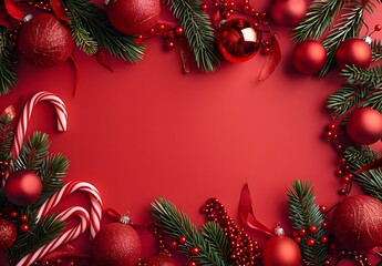 Wall Mural - Christmas Red Ornaments & Candy Canes Background