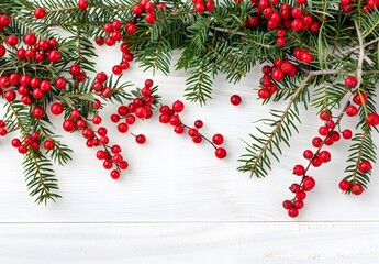 Poster - Christmas Border Frame With Red Berries And Pine Branches