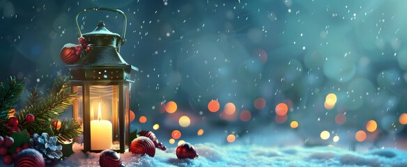 Poster - Christmas Lantern with Candle in Winter Snow