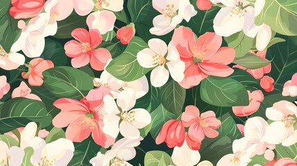 Wall Mural - A painting of a field of white flowers with green leaves. The painting has a serene and peaceful mood, with the bright colors of the flowers