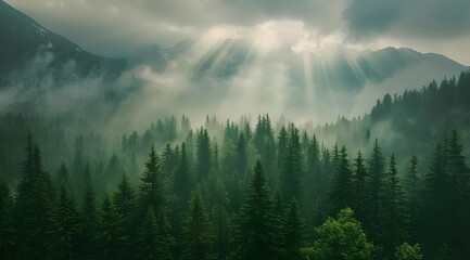 Sticker - Misty Mountain Forest with Sun Rays