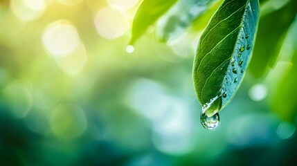 Wall Mural - water droplet hanging on green leaf
