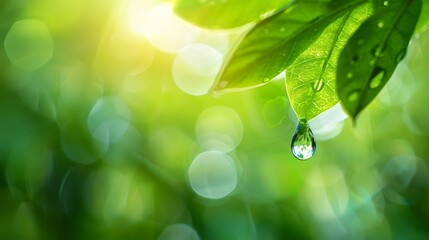 Wall Mural - Water Droplet Hanging On Green Leaf