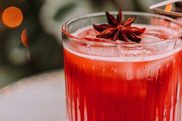 A glass of a drink with ice and a cherry on top. The drink is a dark colored beverage with bubbles