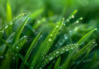 Wall Mural - Dew Drops on Lush Green Grass Blades