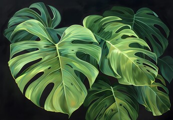 Wall Mural - Close-Up Green Monstera Leaves On Black Background