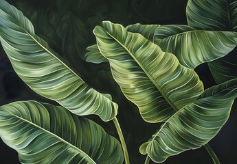 Wall Mural - Close-up of Lush Green Leaves on Dark Background