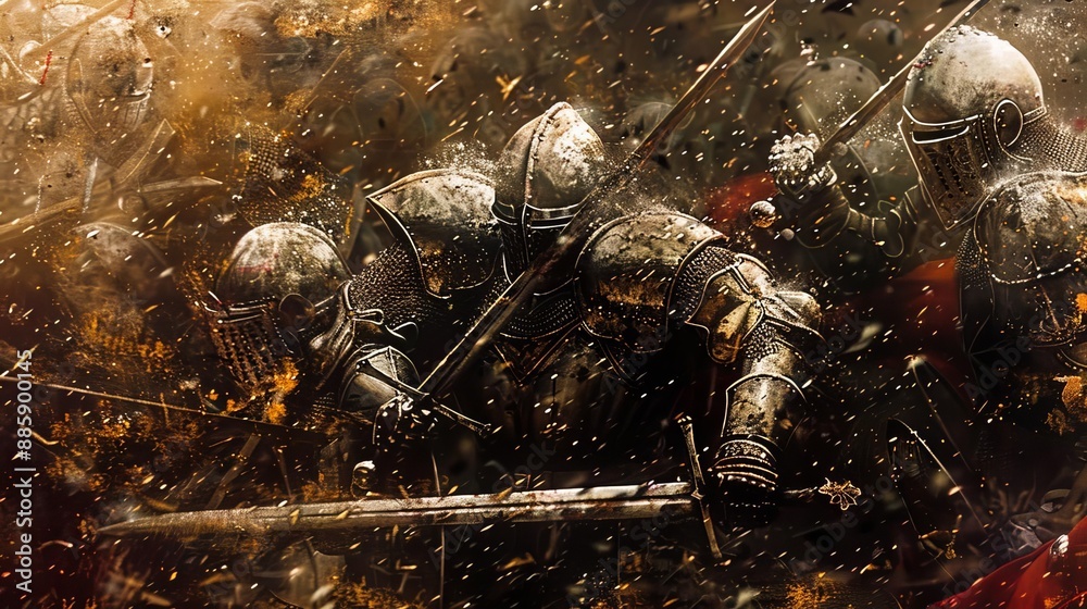 Medieval knights in intense battle scene with swords, shield and armor ...
