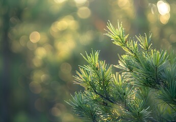 Wall Mural - sunlit pine needles with bokeh background