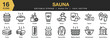 © spacepixel - Set of 16 Sauna icon set. Editable Stroke Icon Collection. Includes candle, cream, mittens, sauna room, towel, furnace, and More. Outline icons vector collection.