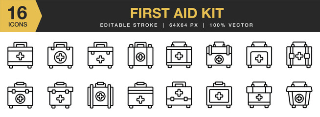 Set of 16 First Aid Kit icon set. Editable Stroke Icon Collection. Includes first aid kit box and More. Outline icons vector collection.