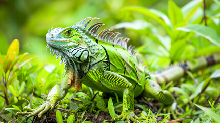 Wall Mural - Stunning close up portrait of a vibrant green iguana perched amidst the lush verdant foliage of a tropical environment  The reptile s intricate scales and piercing eyes captivate the viewer