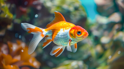 Wall Mural - Vibrant Goldfish Swimming in Underwater Wonderland   Captivating Close up Shot of Tropical Fish with Vibrant Orange White and Red Scales in a Serene Aquatic Environment