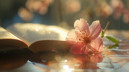 Wall Mural - A delicate pink flower, fallen upon an open book, bathed in the golden light of the setting sun.