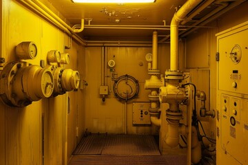 Poster - complex network of pipes and valves controlling pressure and flow in an industrial setting