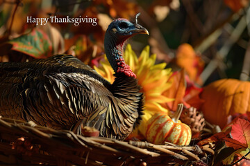 Sticker - Majestic Turkey Amidst Pumpkins and Sunflowers, Highlighting the Thanksgiving Spirit in a Natural Setting