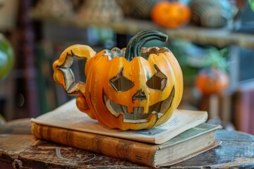 Wall Mural - Carved halloween pumpkin with a glowing candle inside sitting on a stack of old books