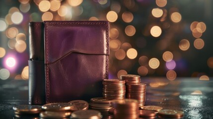 Canvas Print - Leather Wallet with Stack of Coins and Bokeh Lights