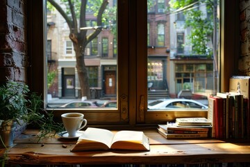 Open book is laying on a wooden table next to a cup of coffee and a stack of books by a window overlooking a city street