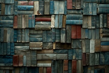 Poster - Wall completely covered with old, worn and stacked books forming a beautiful vintage background