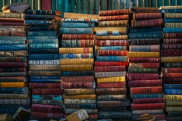 Poster - Stack of old, colorful books forming a beautiful background, perfect for book lovers and vintage enthusiasts