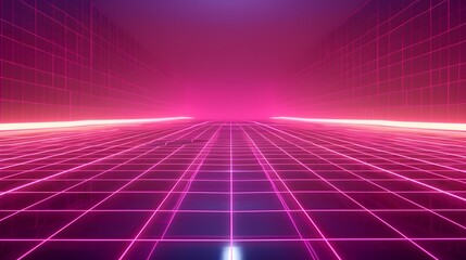 Wall Mural - Neon wireframe horizon background The light purple square floor glows