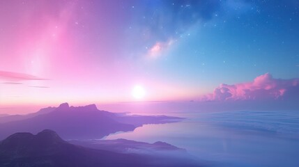 Wall Mural - A beautiful blue sky with a pink sun and mountains in the background
