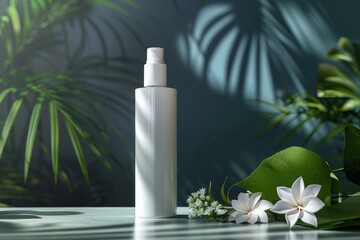 Sticker - White cosmetic bottle standing on table with tropical plants, creating natural and refreshing atmosphere