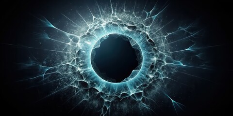 Living damaged black cell with glowing hole on dark background, cell, damaged, black, glowing, hole, biology, abstract