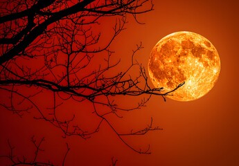 Poster - Orange Full Moon and Branch Silhouettes