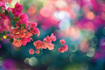 Wall Mural - Beautiful pink bougainvillea flowers blooming in a garden with a colorful bokeh background