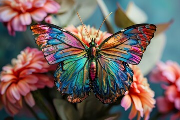 Wall Mural - Beautiful morpho butterfly with iridescent wings sitting on pink flowers in a garden