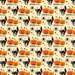 Canvas Print - Halloween seamless pattern with black cat and pumpkins